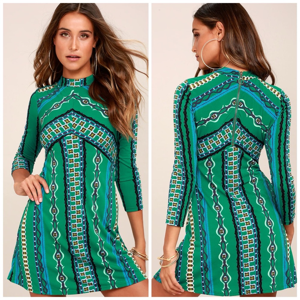 Free People Stella Green Print Long Sleeve Mini Dress, M